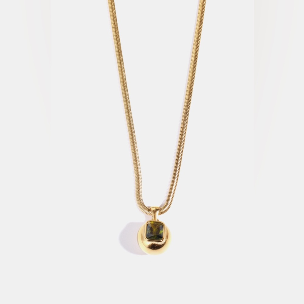 18K Gold Plated Stainless Steel Olive Green Cubic Zirconia Pendant Necklace